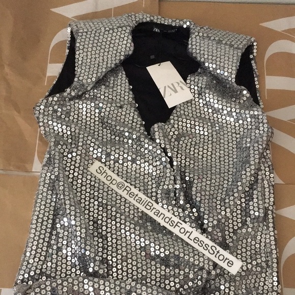 ZARA DRAPED WRAP  SILVER V NECK SEQUIN SHOULDER PADDED DRESS $119 - Picture 12 of 15